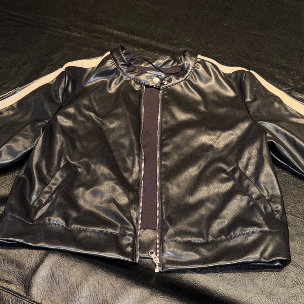Democracy Black Faux Leather Jacket with Tan Stripes, size L, NWT, Retail $118